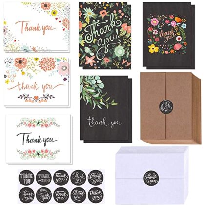 150 Sets Bulk Blank Thank You Cards with Envelopes Stickers Assortment 6 Design of Floral Watercolor Calligraphy Thank You Greeting Cards Note Cards for Wedding Bridal Baby Shower Thanksgiving Party