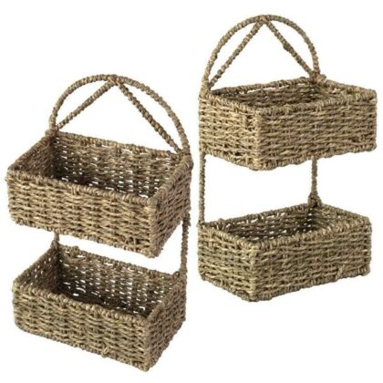 Hand-Woven Seagrass 14-Inch Wall Hanging 2-Tier Storage Basket, Brown