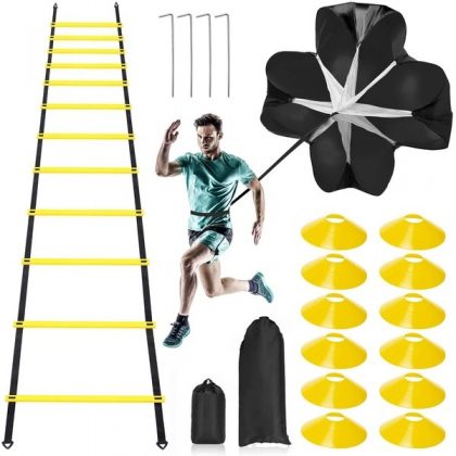 Pro Speed & Agility Training Set—Includes 12 Rung 20ft Adjustable Agility Ladder with Carrying Bag, 12 Disc Cones, 4 Steel Stakes, 1 Resistance Parachute, Use Equipment to Improve Footwork Any Sport