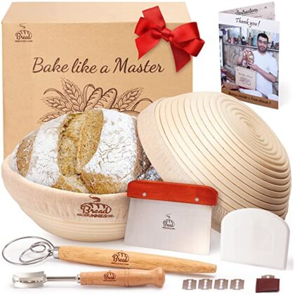 BREAD BUNNIES 9″ Banneton Bread Proofing Round Basket Set of 2 for Baking | Sourdough Making Starter Kit w/ Baskets, Bowl & Dough Scraper, Whisk, Scoring Lame, Replaceable Blades | Bakers’ Tool Gifts